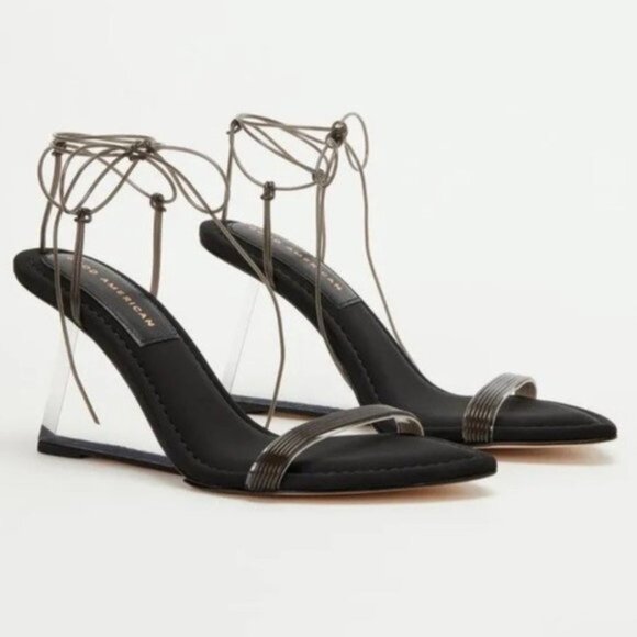 Good American Strappy Clear Wedges 8.5 Black Pointed Toe Sexy Party Heels - Picture 1 of 16